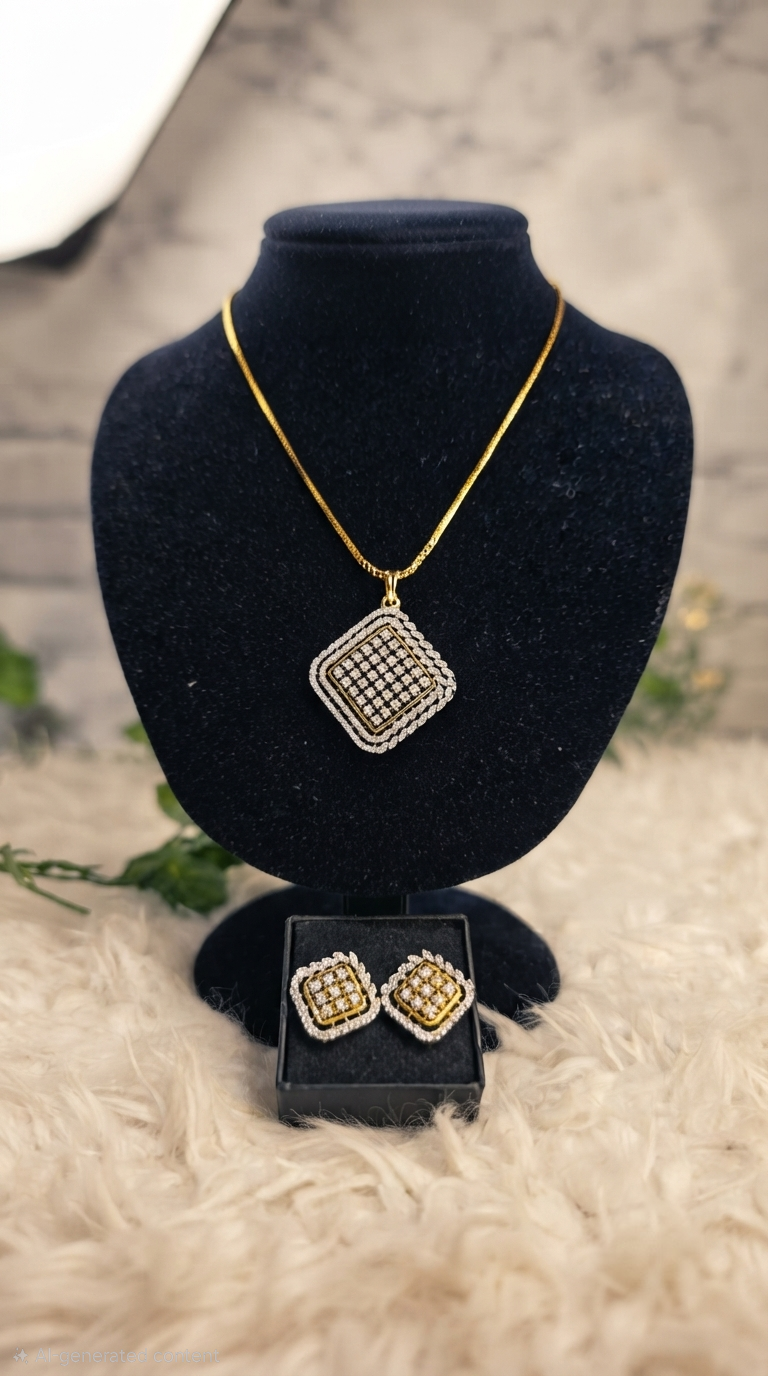 Radiant Diamond Replica Square Pendant Set with 24K Gold-Plated Chain
