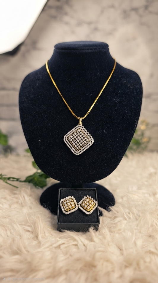 Radiant Diamond Replica Square Pendant Set with 24K Gold-Plated Chain