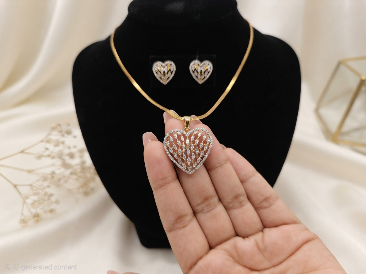 Golden Heart Diamond Replica Pendant & 24K Gold-Plated Chain Set