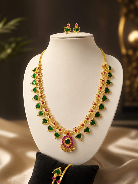 Exquisite 24K Gold-Plated Ruby & Emerald 10 petals Leaf Necklace Set including earrings