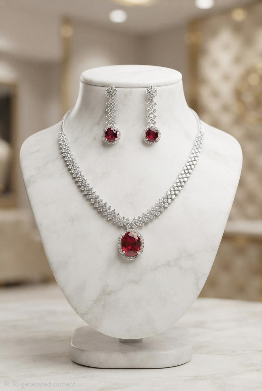 Radiant Green and Red Emerald & Diamond Replica Necklace Set