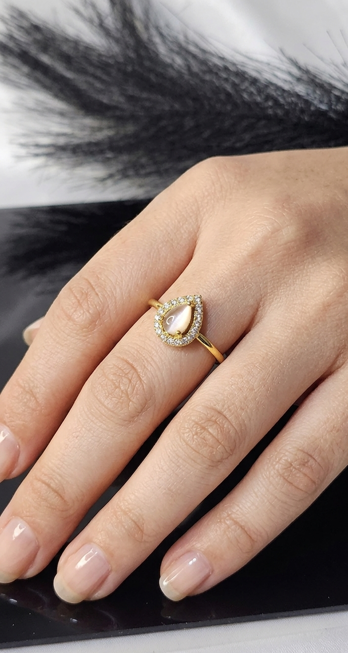 Elegant Pear-Cut Crimson Halo Ring | 24K Gold Plated Adjustable