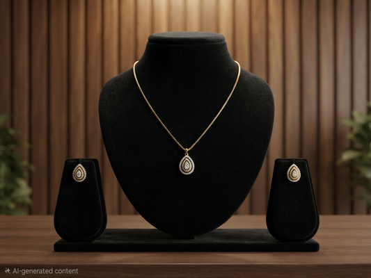 24k Gold Plated Diamond Replica Teardrop Pendant Set with Matching Earrings